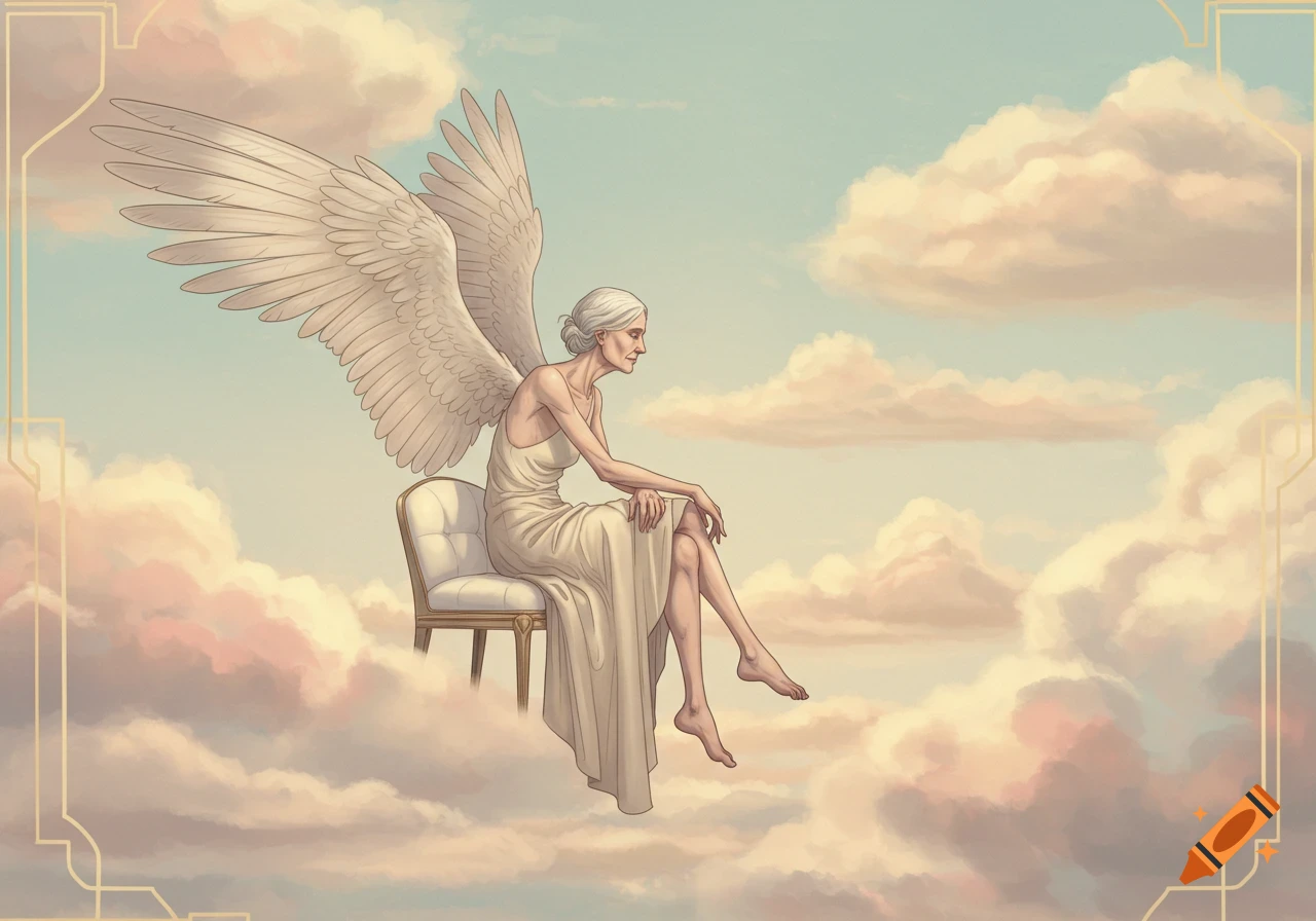 An elderly woman with large white wings sits on a white chair floating among pastel clouds, in an art deco style.