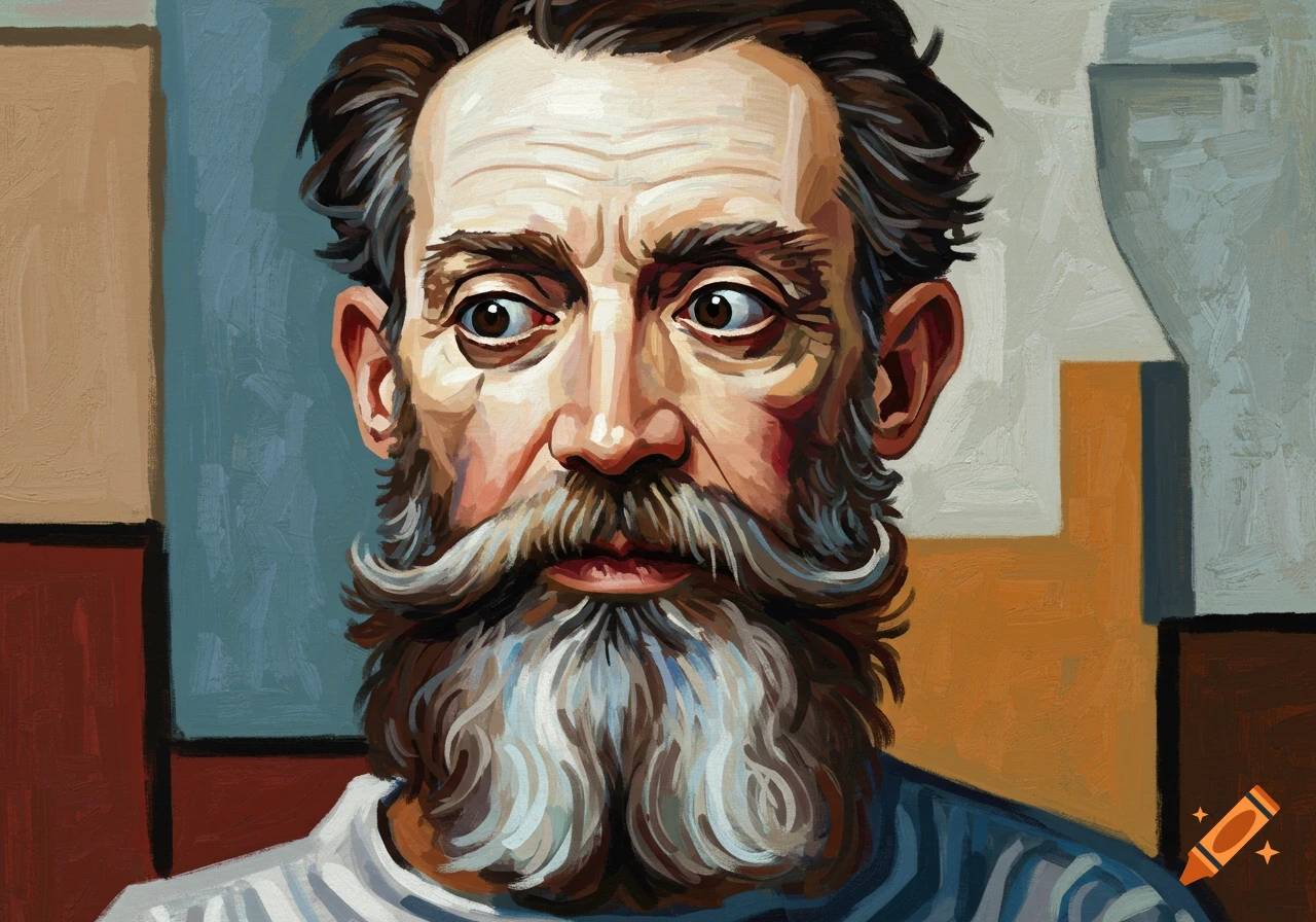 Cubist style portrait of a bearded man with wide, slightly misaligned eyes.