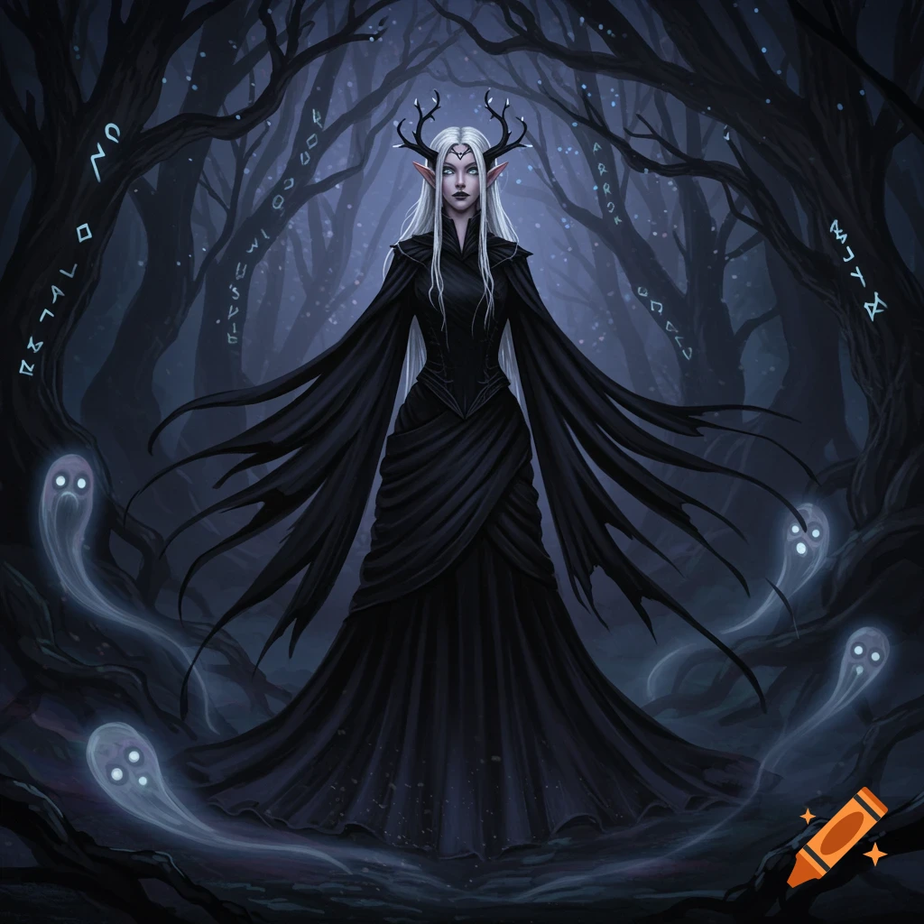 A dark elf woman with white hair and antlers in a black gown stands in a spooky forest surrounded by glowing ghost figures and glowing runes on trees.