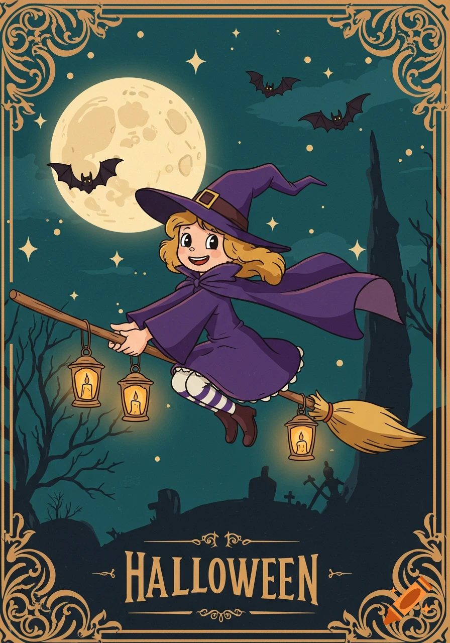 Vintage cartoon Halloween poster with a witch flying on a broomstick, bats, full moon, and spooky graveyard, text reads 'HALLOWEEN'.