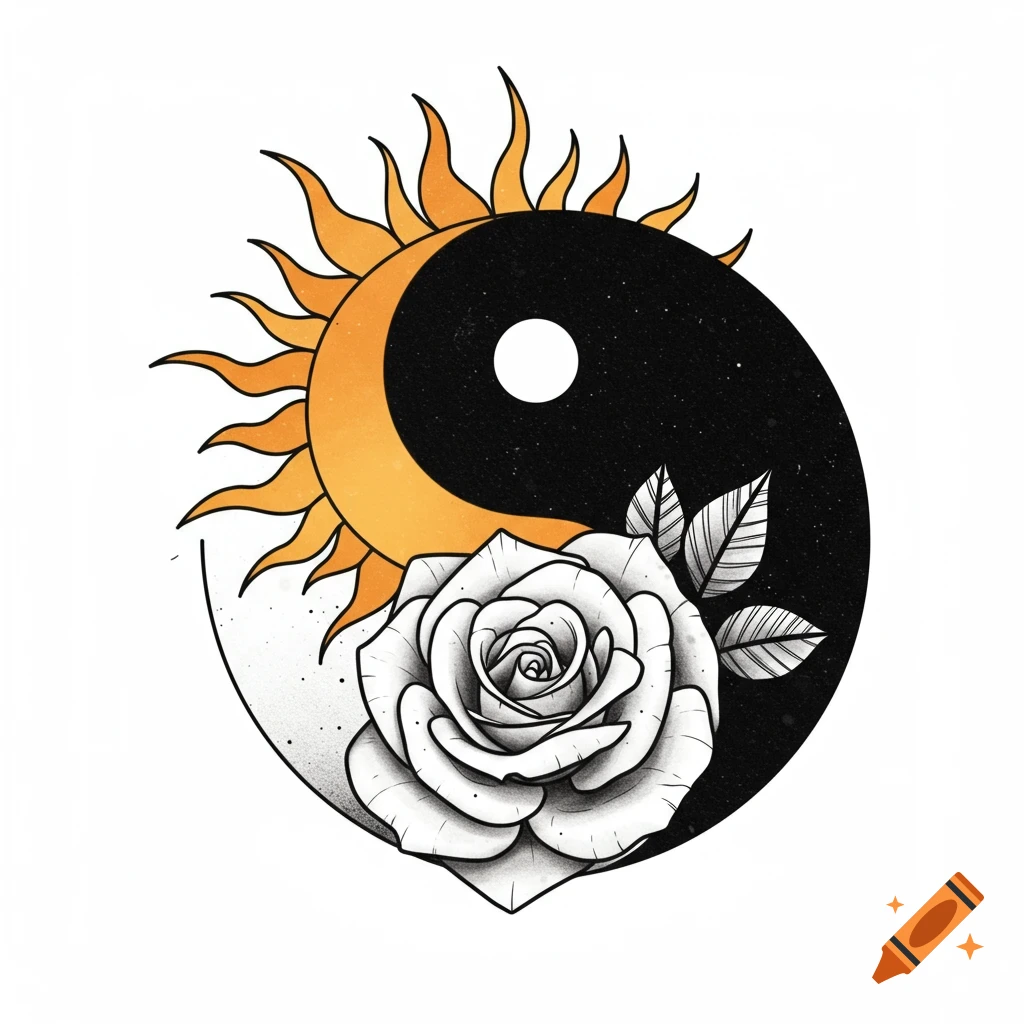 A stylized tattoo design featuring a yin-yang symbol with a sun on the yellow side and a white rose on the black side.
