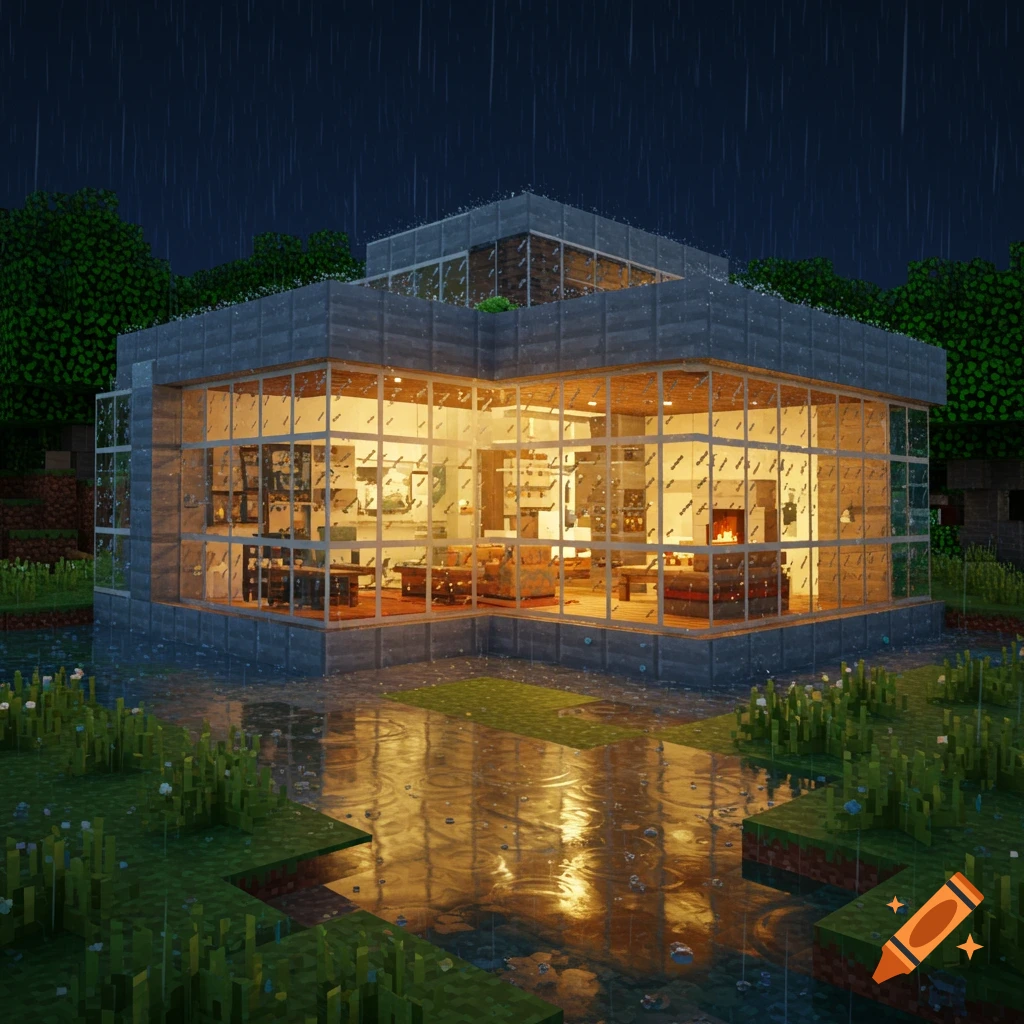A modern glass house in Minecraft style at night in the rain, with glowing interior lights reflected on the wet ground.