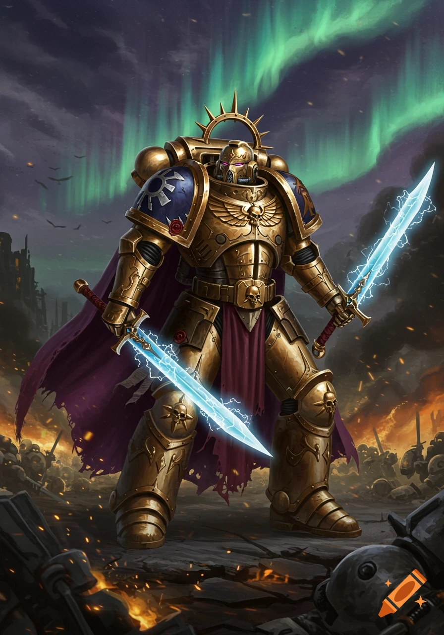 A golden armored warrior, an Adeptus Custodes, stands on a battlefield holding two glowing blue power swords under a sky with green aurora.