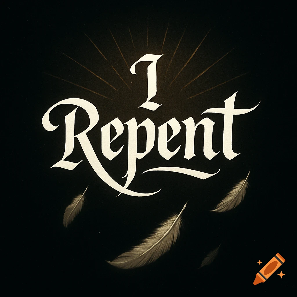 A dark background with the words 'I Repent' in elegant white calligraphy, with light rays emanating from behind the text and several feathers floating below.