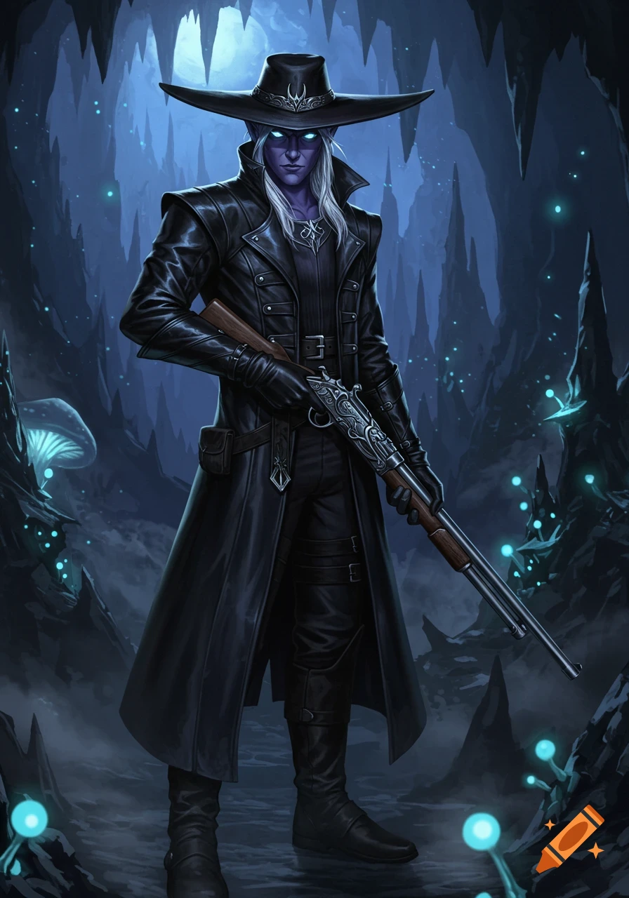 A dark elf character in a black coat and wide-brimmed hat holds an ornate rifle in a glowing blue cave.