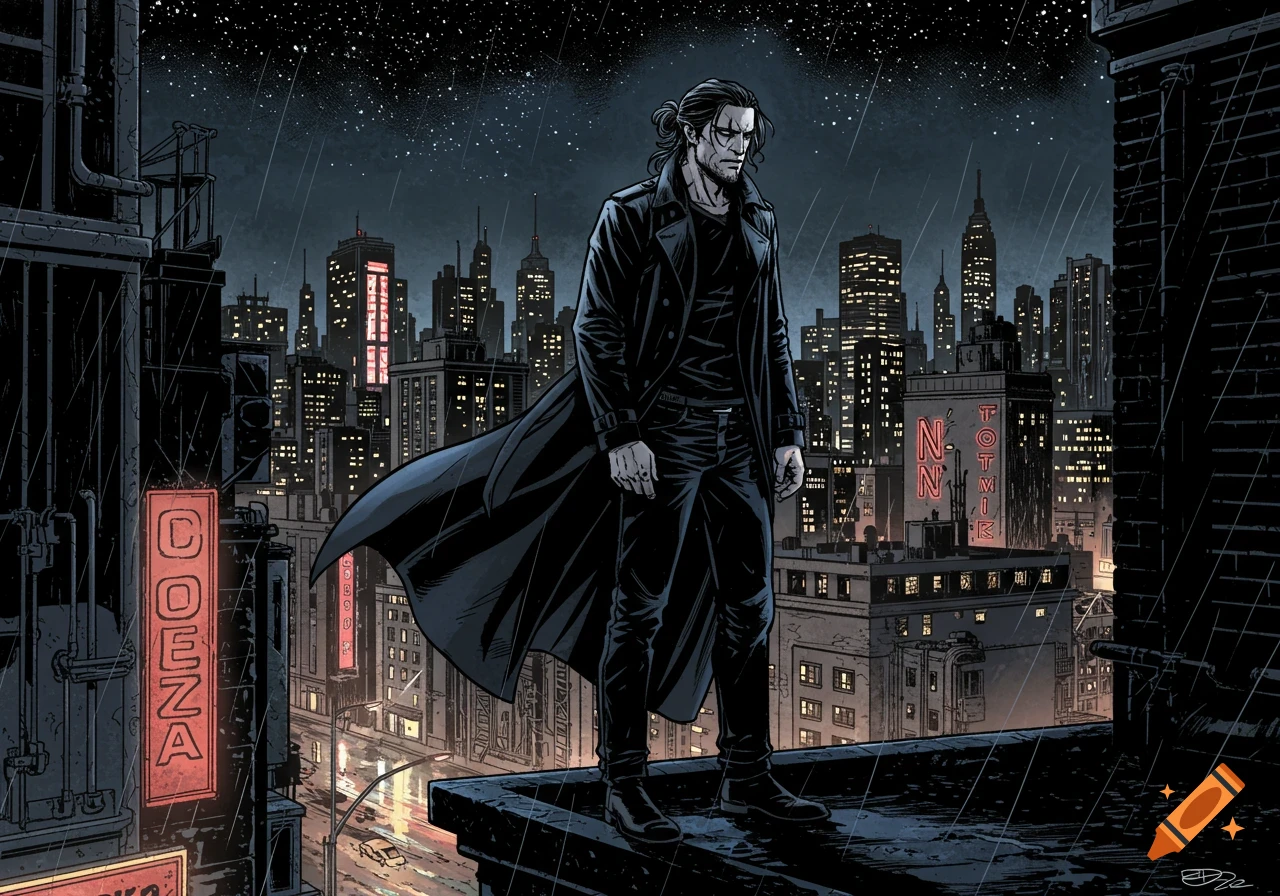 A man in a black trench coat stands on a rainy rooftop overlooking a dark, neon-lit city skyline at night, in a comic book art style.