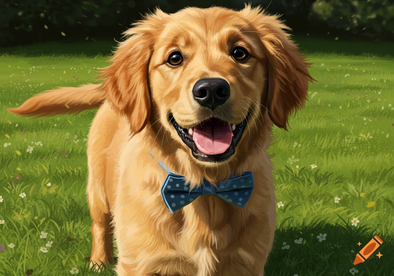 A happy golden retriever puppy wearing a blue polka dot bow tie stands in a bright green grassy field.