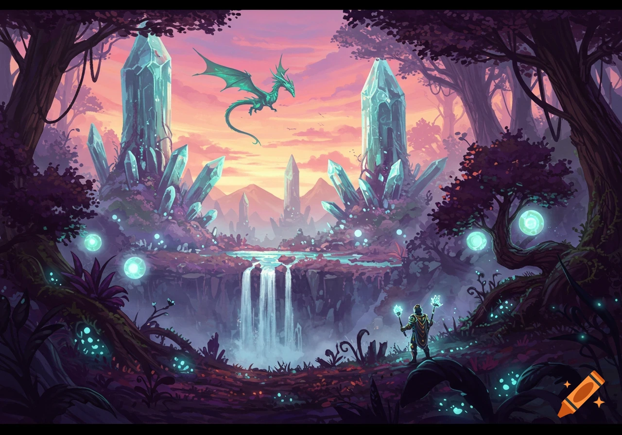 A teal dragon flies over a vibrant fantasy landscape with glowing crystals, a waterfall, and a person holding a magical staff, in an illustrative style.