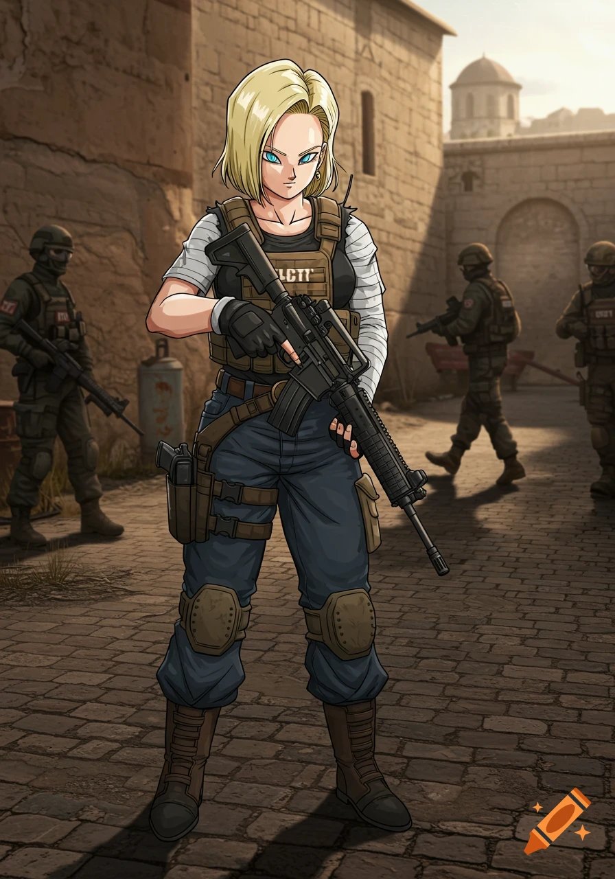 An anime-style character resembling Android 18 from Dragon Ball, dressed in tactical gear and holding a rifle, stands on a cobblestone street in a desert town, with other armed soldiers in the background.