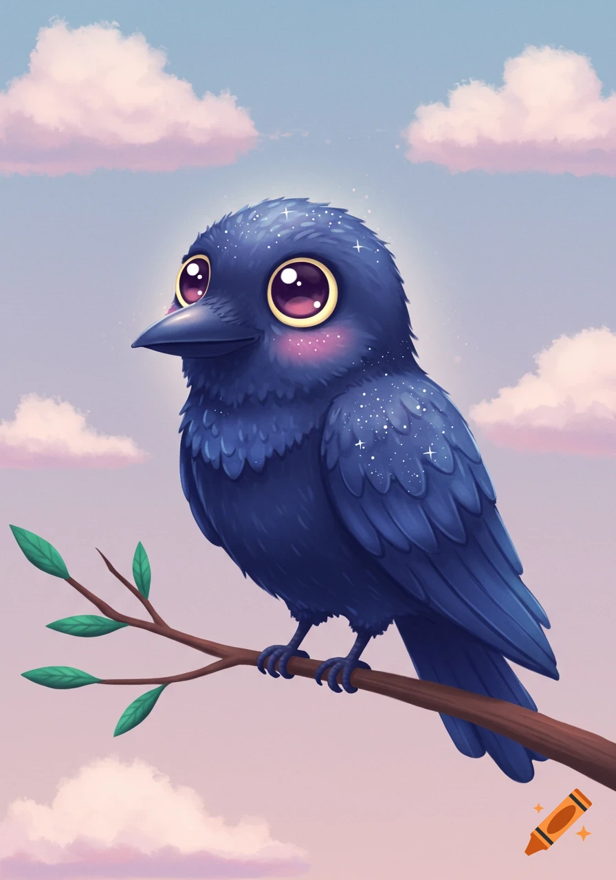 A cute blue cartoon raven with large, sparkling eyes and pink cheeks perches on a branch against a cloudy sky.