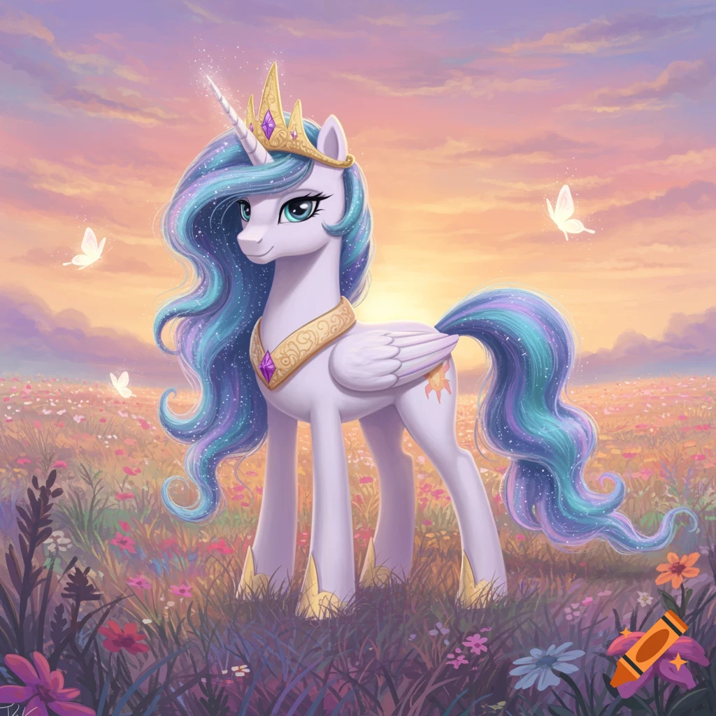 A regal unicorn-like creature with a golden crown and flowing blue and purple mane stands in a vibrant field of flowers under a sunset sky.