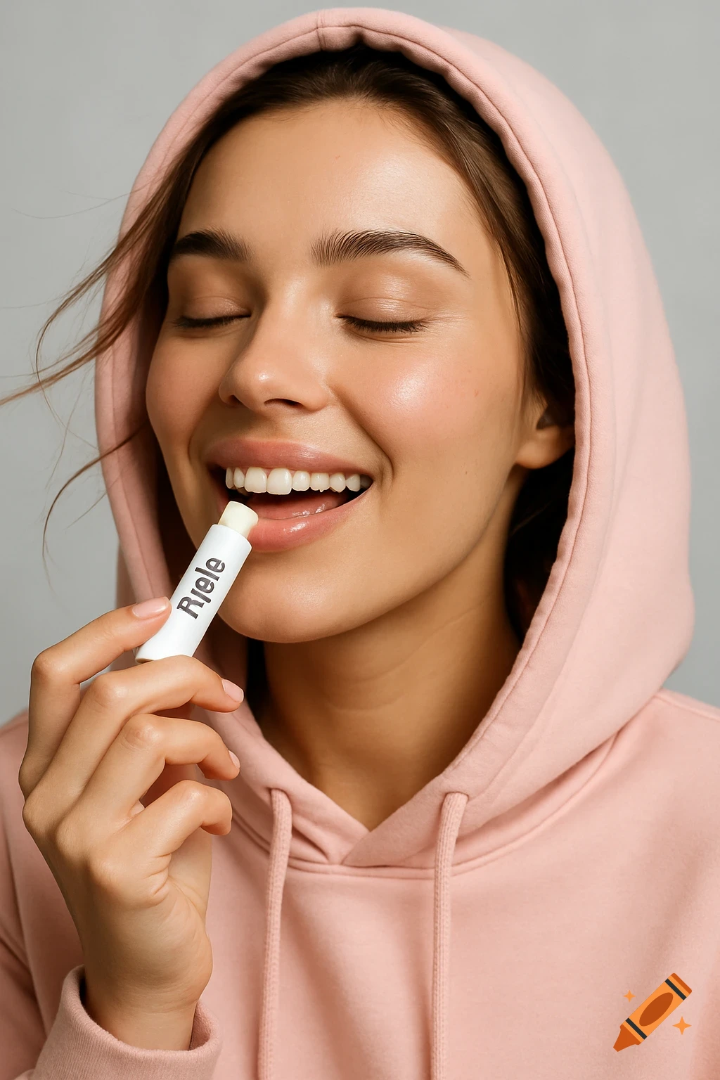 Photorealistic portrait of a smiling woman in a pink hoodie applying lip balm.