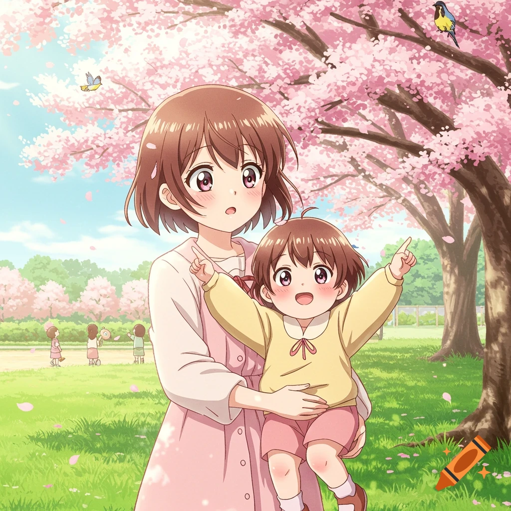 Anime girl holding a toddler pointing at a tree in a cherry blossom park.