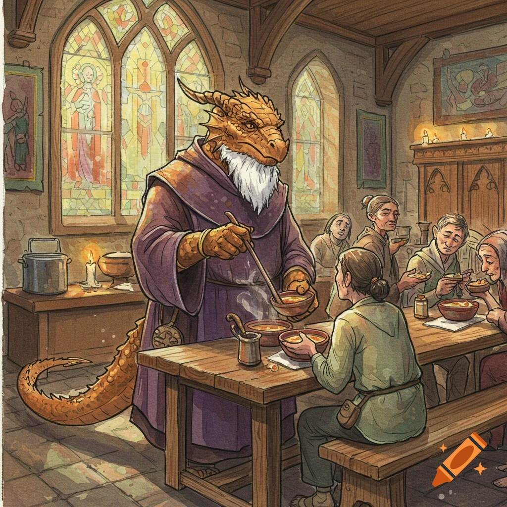 A bronze dragonborn priest with a white goatee serves soup to people in a medieval church hall, in a watercolor sketch style.