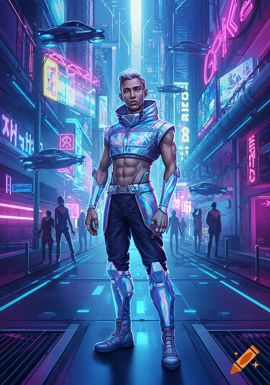 A futuristic man with iridescent armor and dark pants stands in the middle of a neon-lit cyberpunk city street with flying cars.