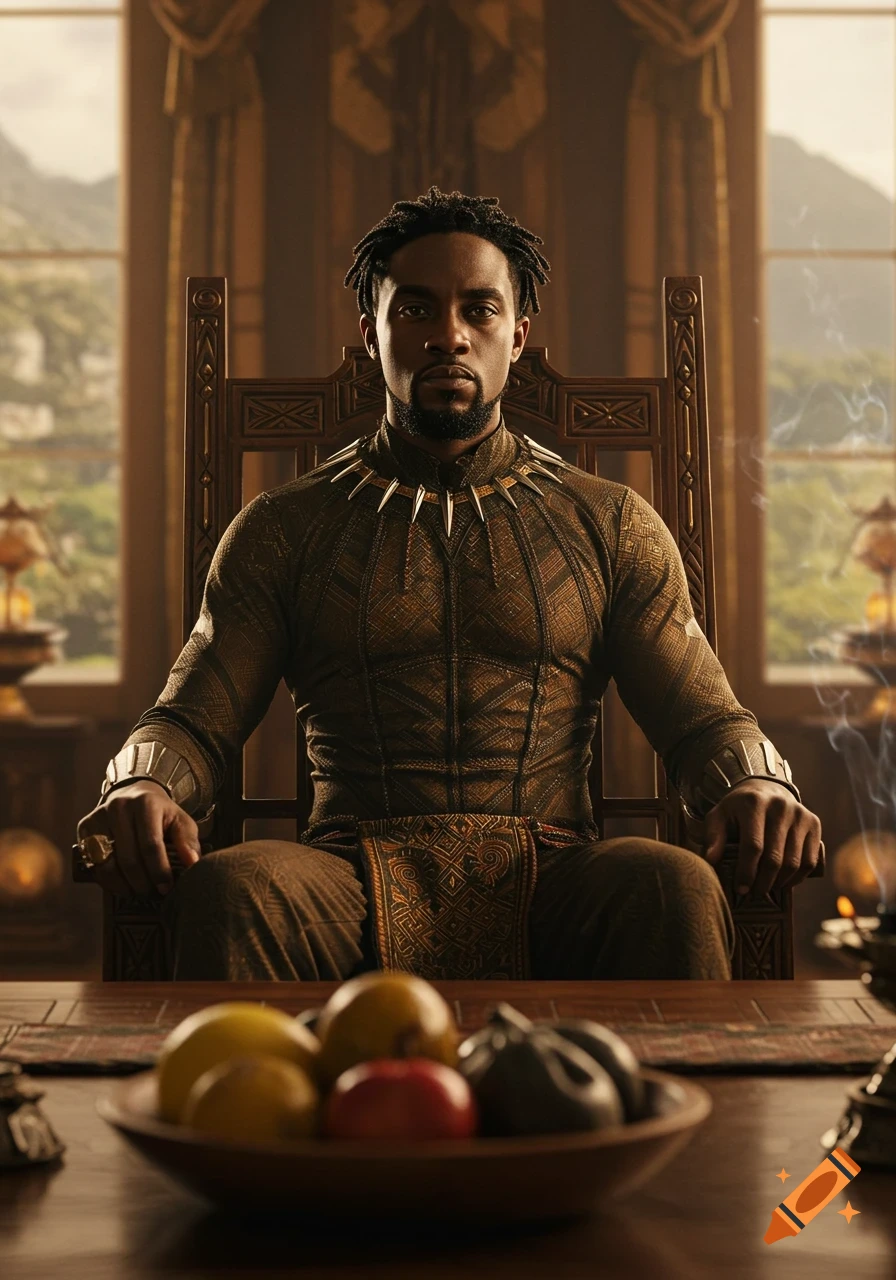 A man resembling Killmonger sits on a wooden throne, wearing a patterned suit and claw necklace, at a table with fruit.