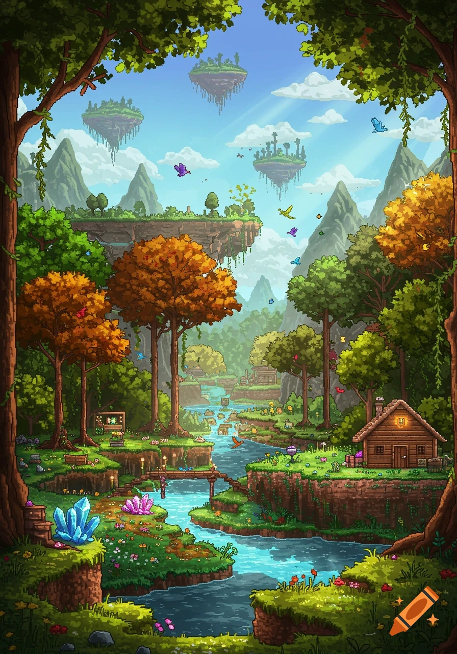 Pixel art fantasy landscape with floating islands, a winding river, lush trees, and a small wooden cabin, framed by large trees.