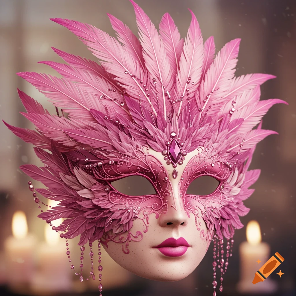 A highly detailed pink masquerade mask adorned with feathers, jewels, and intricate filigree.