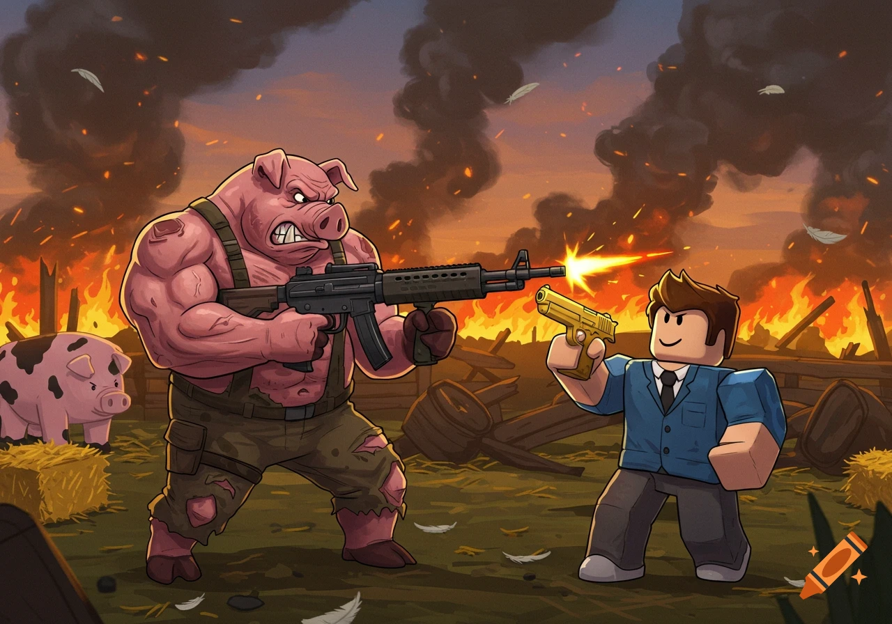 A muscular cartoon pig with a rifle faces a smiling Roblox character with a golden pistol in a burning farm battlefield.