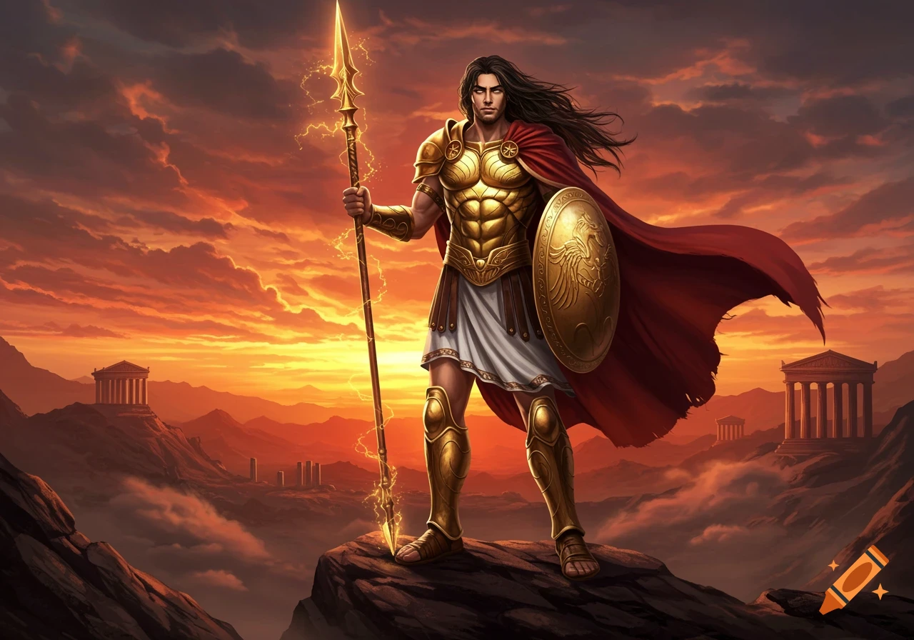 A powerful Greek god in golden armor and a red cape stands on a mountain with a lightning spear and shield against a sunset sky with temples.