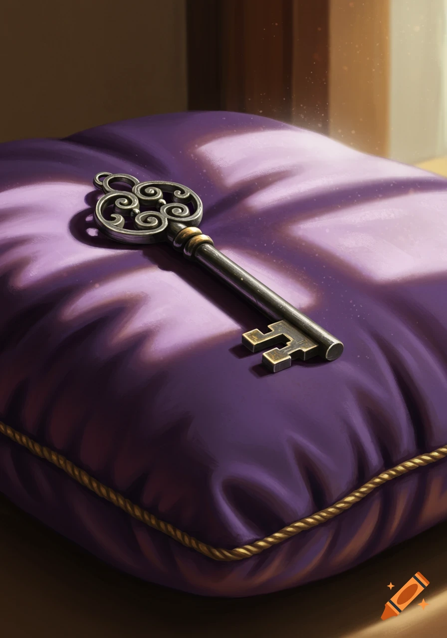 An ornate metal key rests on a rich purple velvet pillow with gold trim.