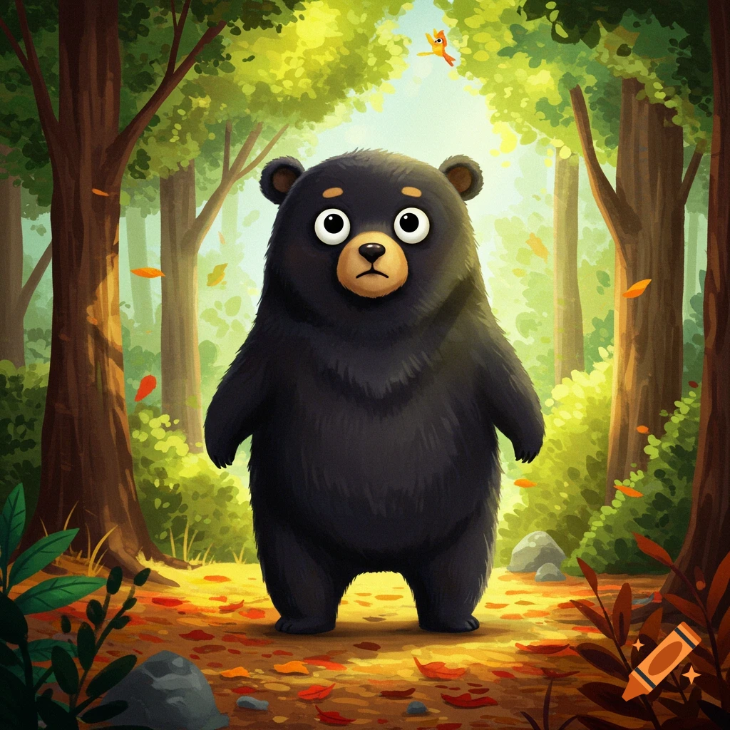 A cartoon black bear with wide eyes stands in a vibrant forest with autumn leaves.