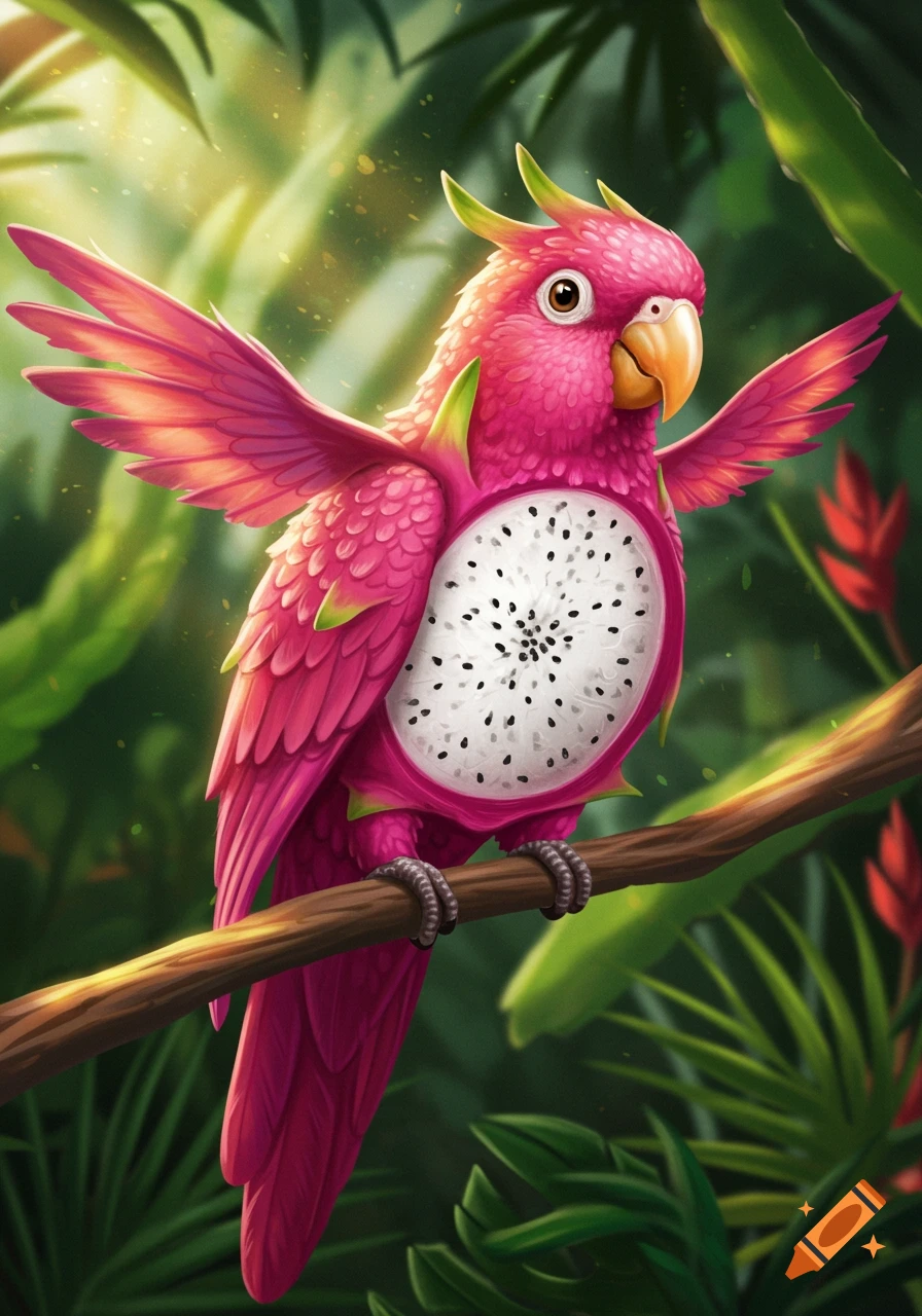A vibrant pink parrot with a dragon fruit body sits on a branch in a lush, green jungle.
