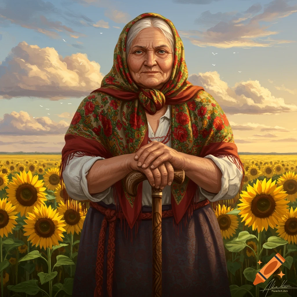 Painterly portrait of an elderly woman in a floral headscarf holding a cane, standing in a sunny sunflower field.
