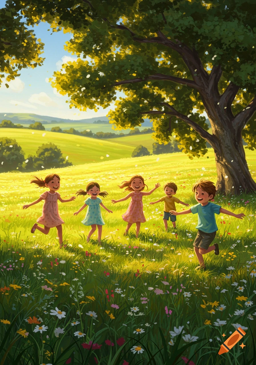 Five happy children run and play in a sunny, flower-filled green field under a large tree, illustrated.