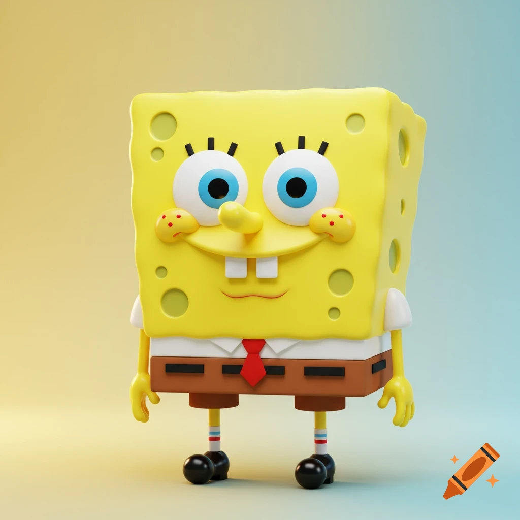 A vibrant 3D render of Spongebob SquarePants, with large blue eyes and a wide smile, standing against a gradient background.