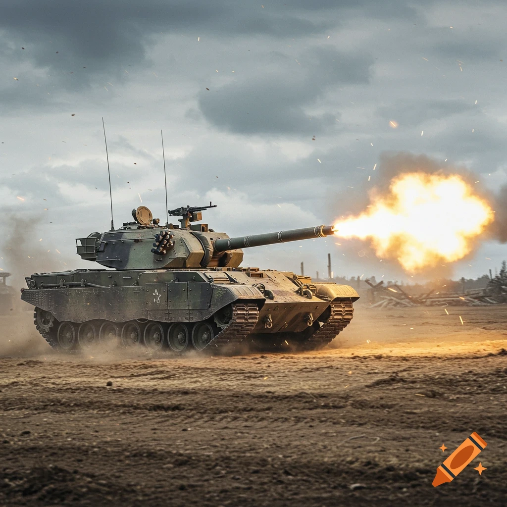 A military tank fires its main gun, producing a large muzzle flash, in a dusty, outdoor setting under a cloudy sky.