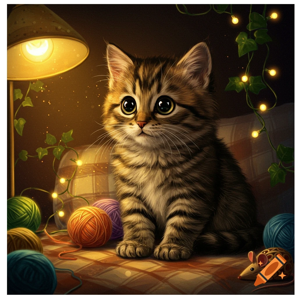 A cute fluffy tabby kitten sits among colorful balls of yarn and glowing string lights under a warm lamp.