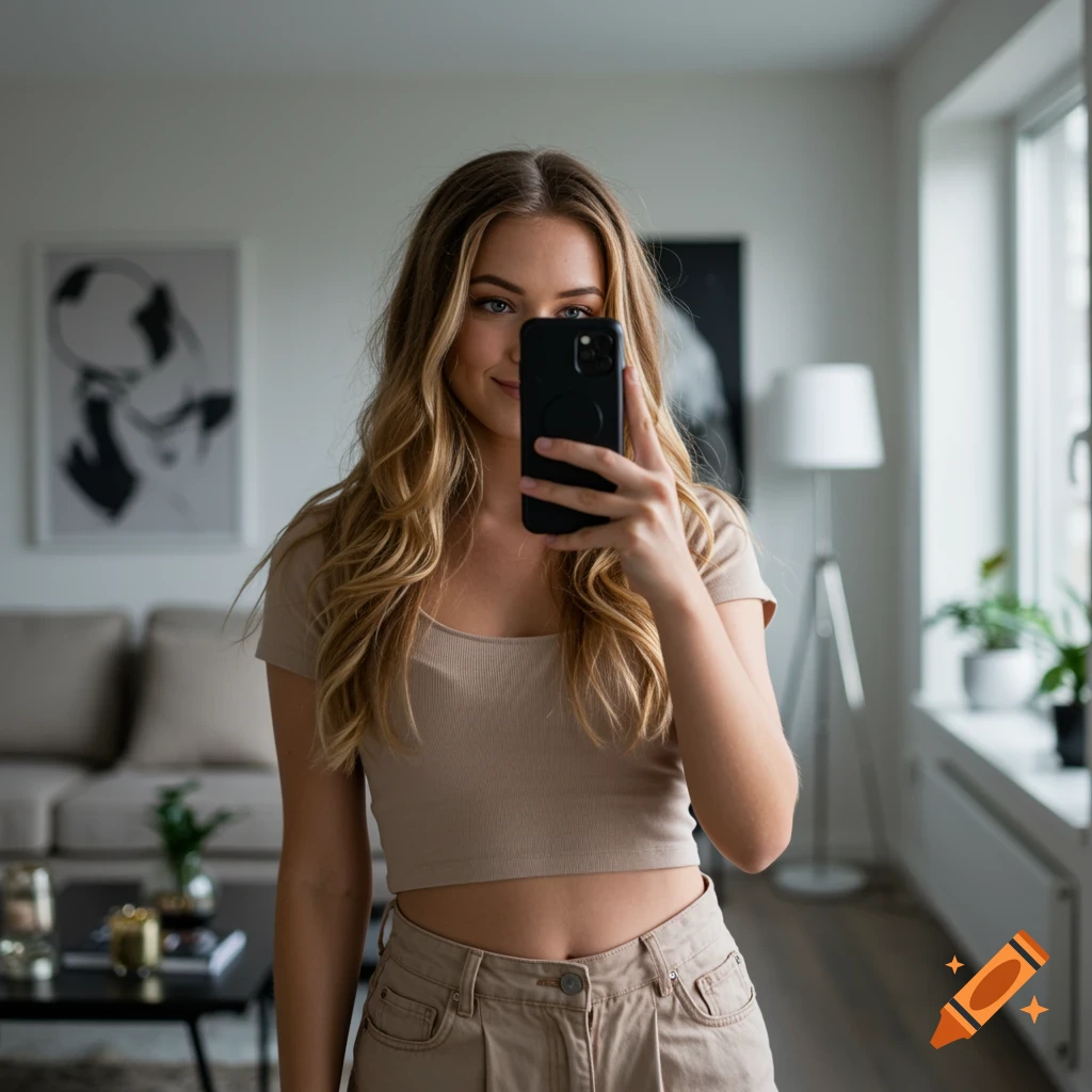A smiling woman with long blonde hair takes a selfie in a modern living room, holding her phone in front of her face.