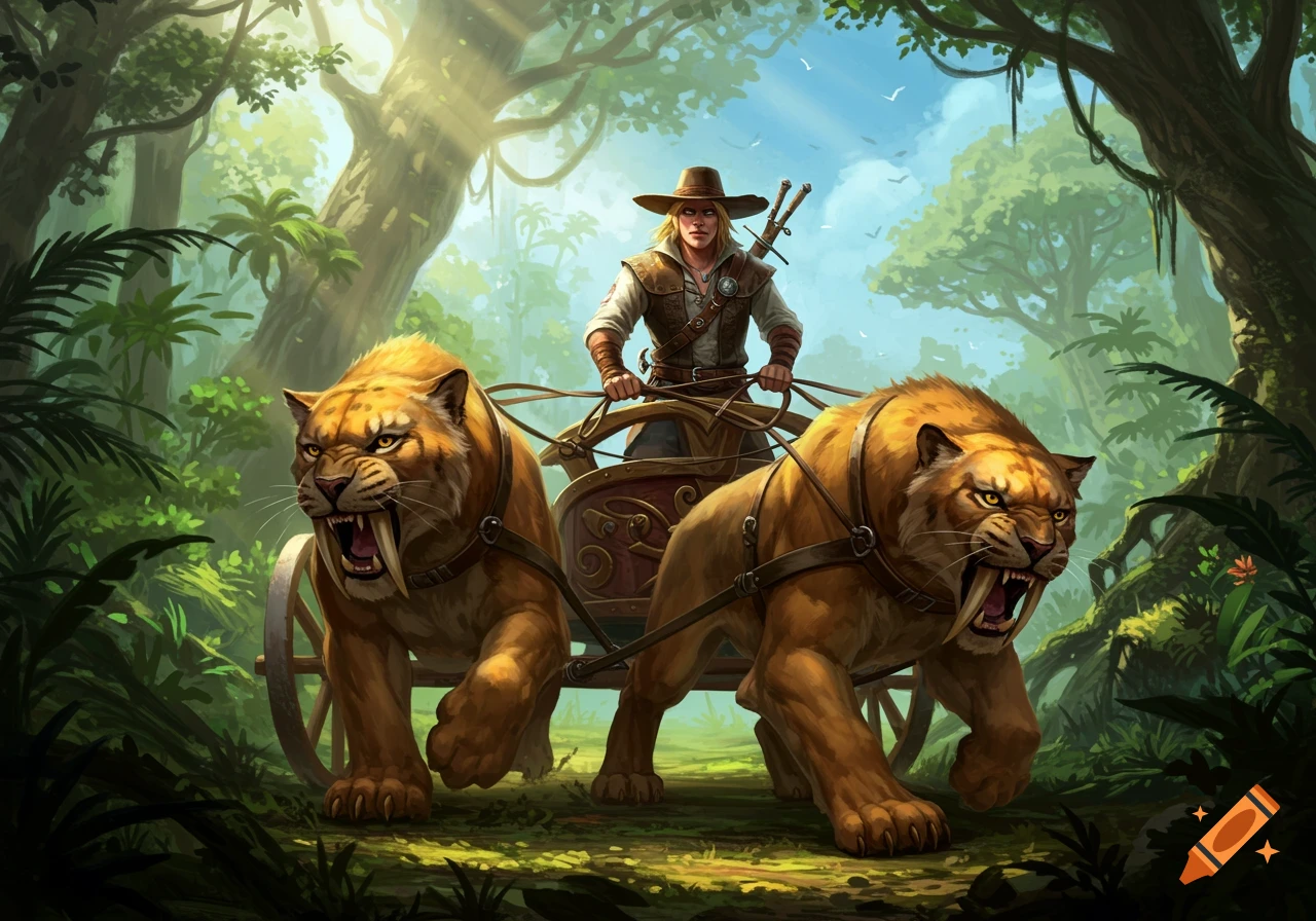 A blonde man in a hat drives a chariot pulled by two sabretooth cats through a lush, sunny jungle.