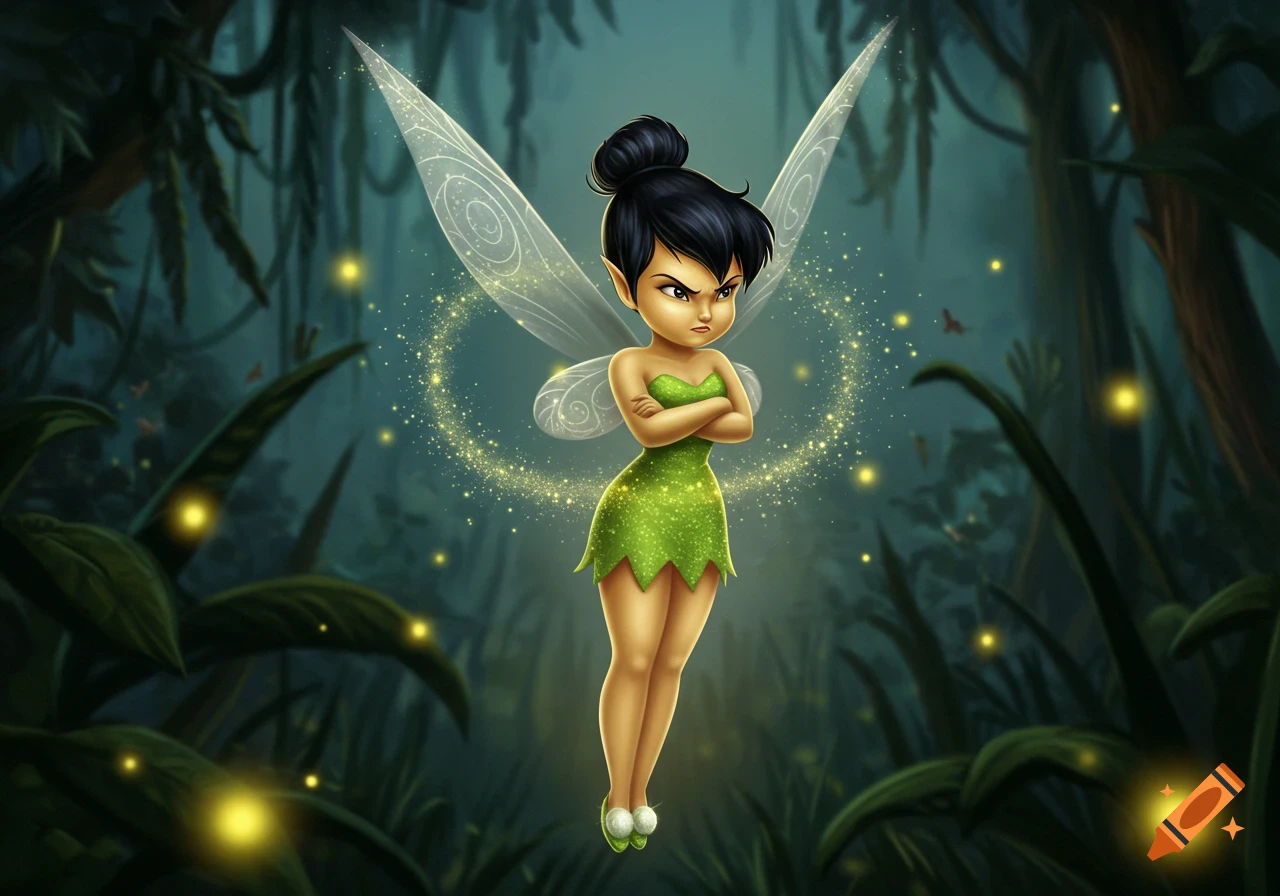 A peeved, black-haired Tinker Bell with arms crossed, surrounded by sparkling fairy dust in a dark jungle.