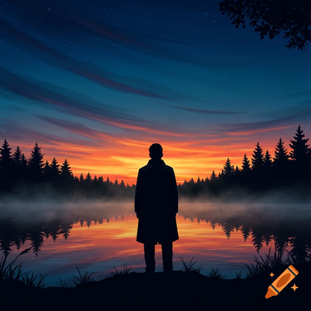 Silhouette of a man standing by a lake with a forest background at sunset in a digital art style.