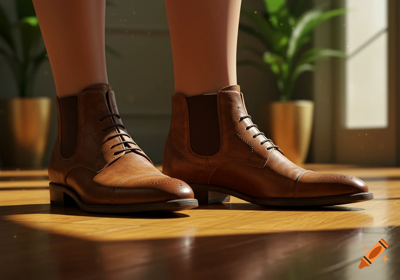 Close-up of a person's legs wearing brown leather lace-up boots on a shiny wooden floor, with blurred plants in the background.