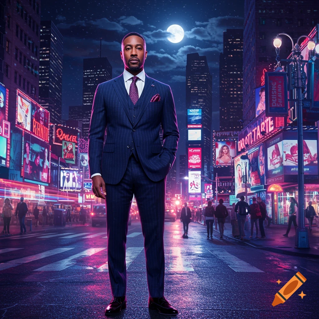 A man in a pinstripe suit stands confidently in the middle of a neon-lit city street at night, with a full moon in the sky.