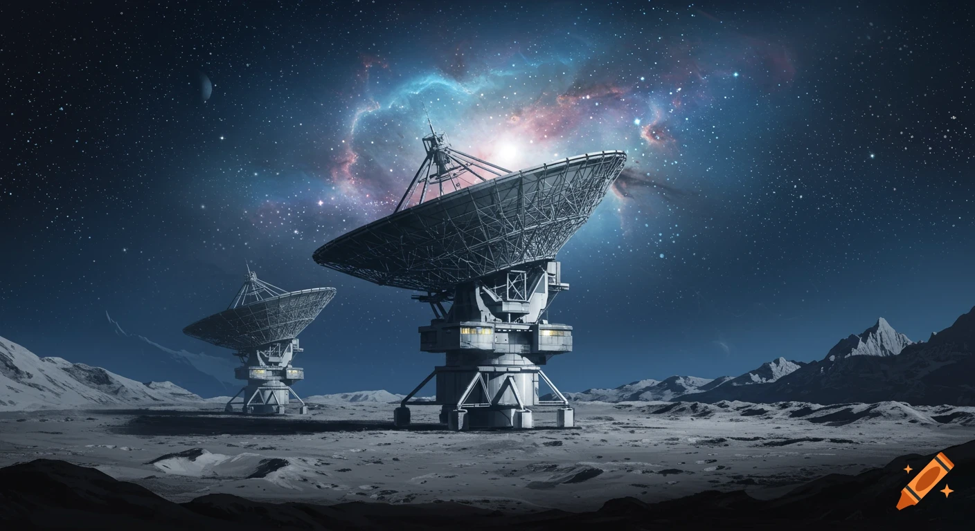 Two massive radio astronomy observatories on a desolate, rocky lunar landscape under a starry sky with a nebula.