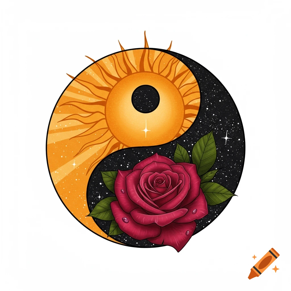 A stylized yin and yang symbol with a golden sun in place of the dark dot, and a red rose with green leaves in place of the light dot, against a starry night sky.