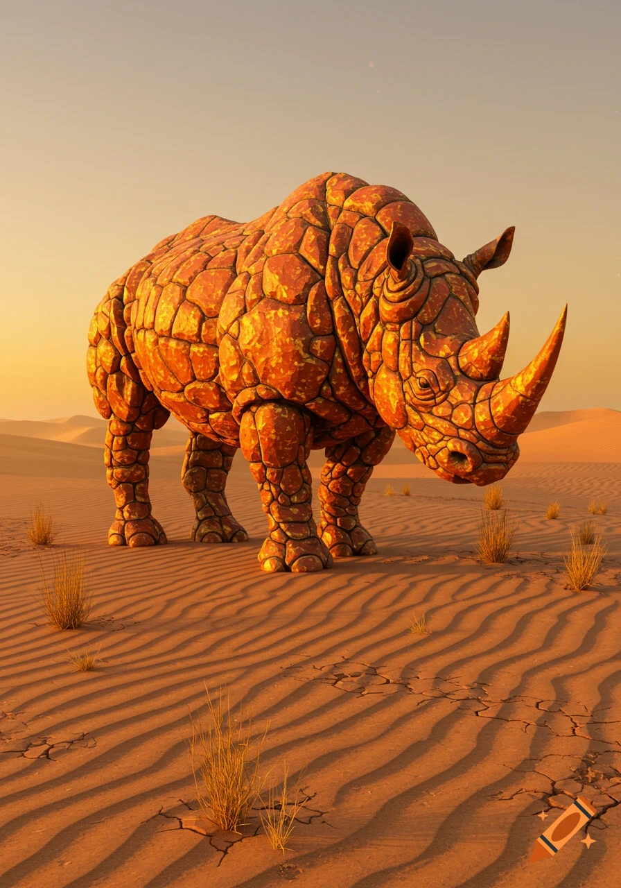 A stylized rhino made of orange, segmented rock stands in a sandy desert at sunset.