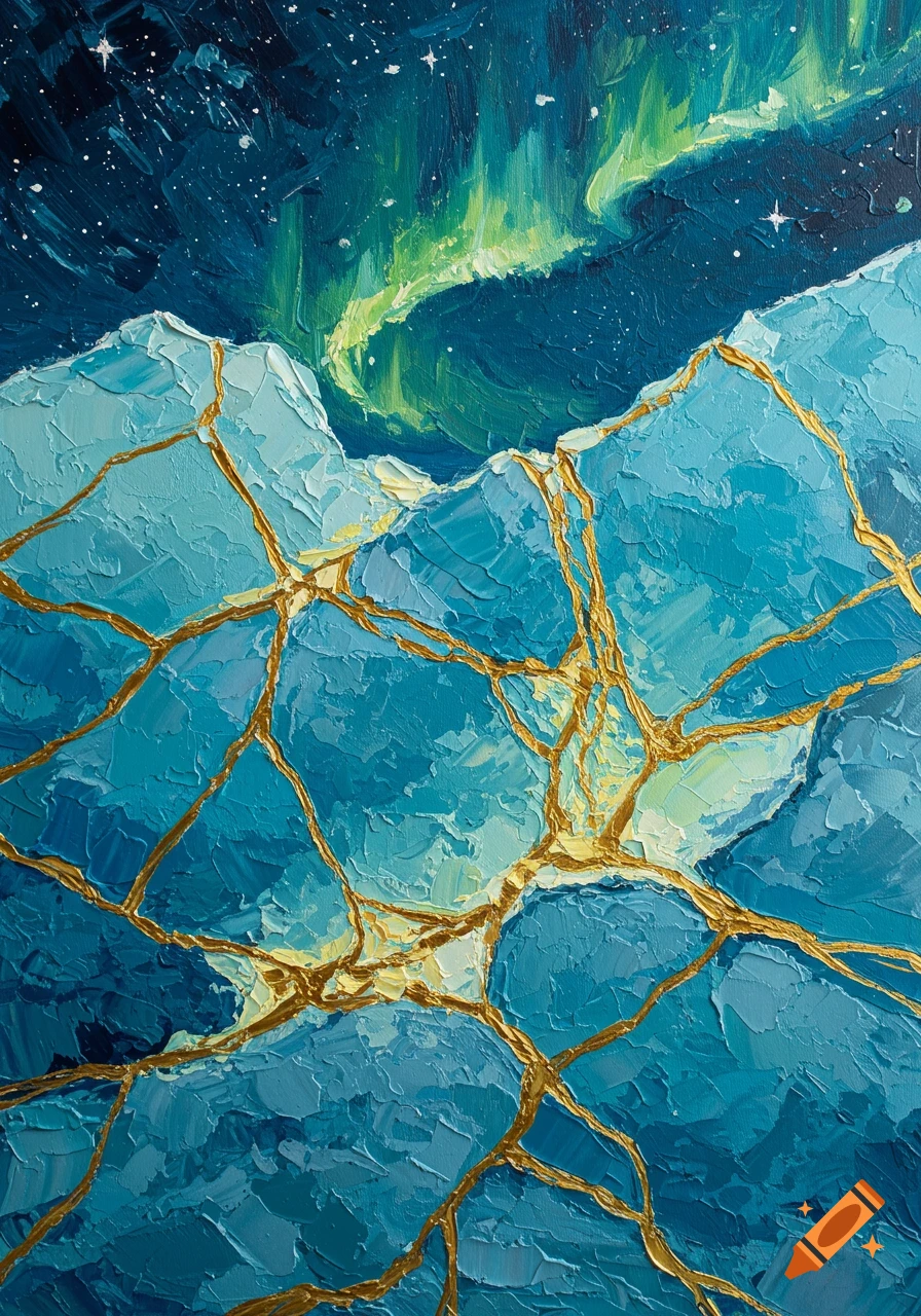 Textured impasto oil painting of blue glacial mountains with golden kintsugi cracks under a starry sky with green aurora borealis.