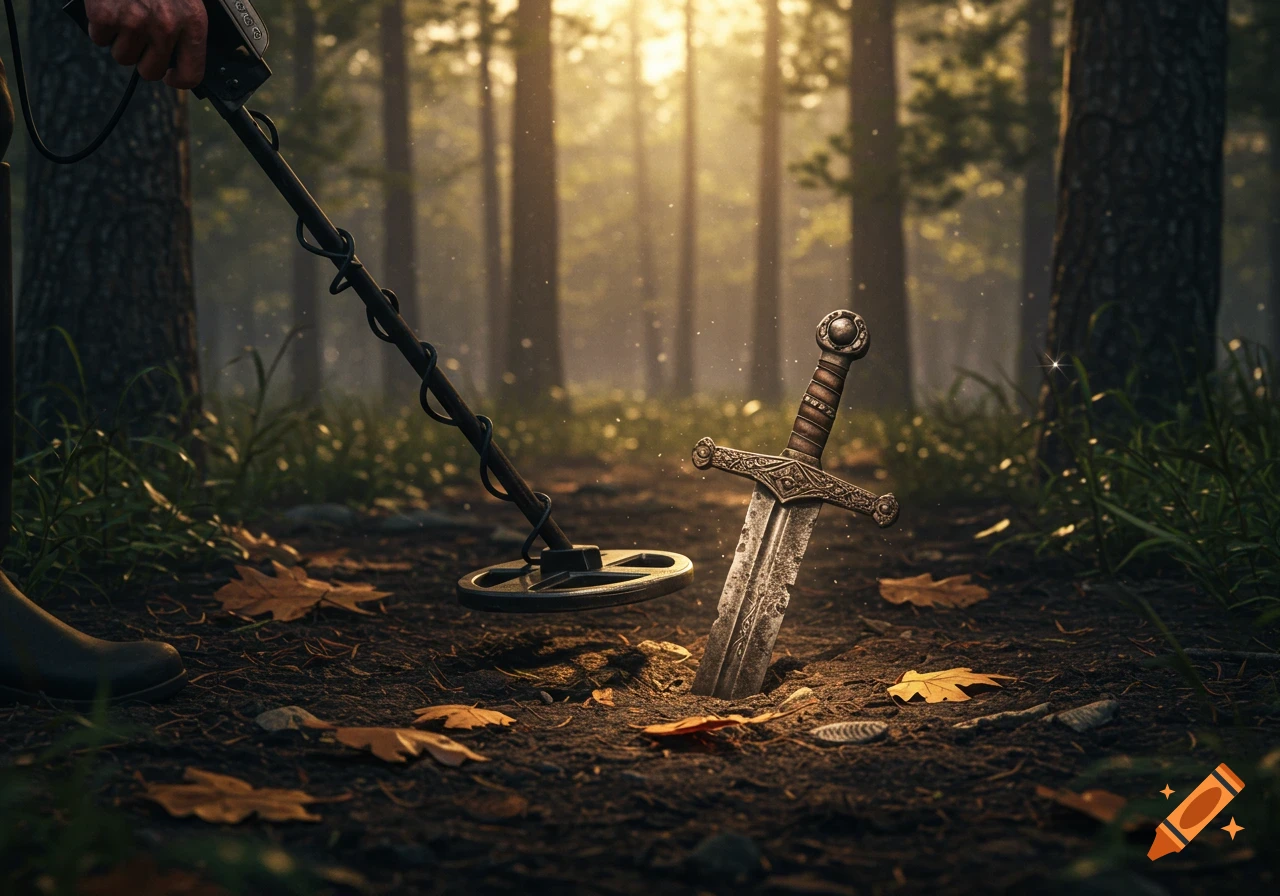 A person using a metal detector finds an ancient sword stuck in the ground of a sunlit forest.