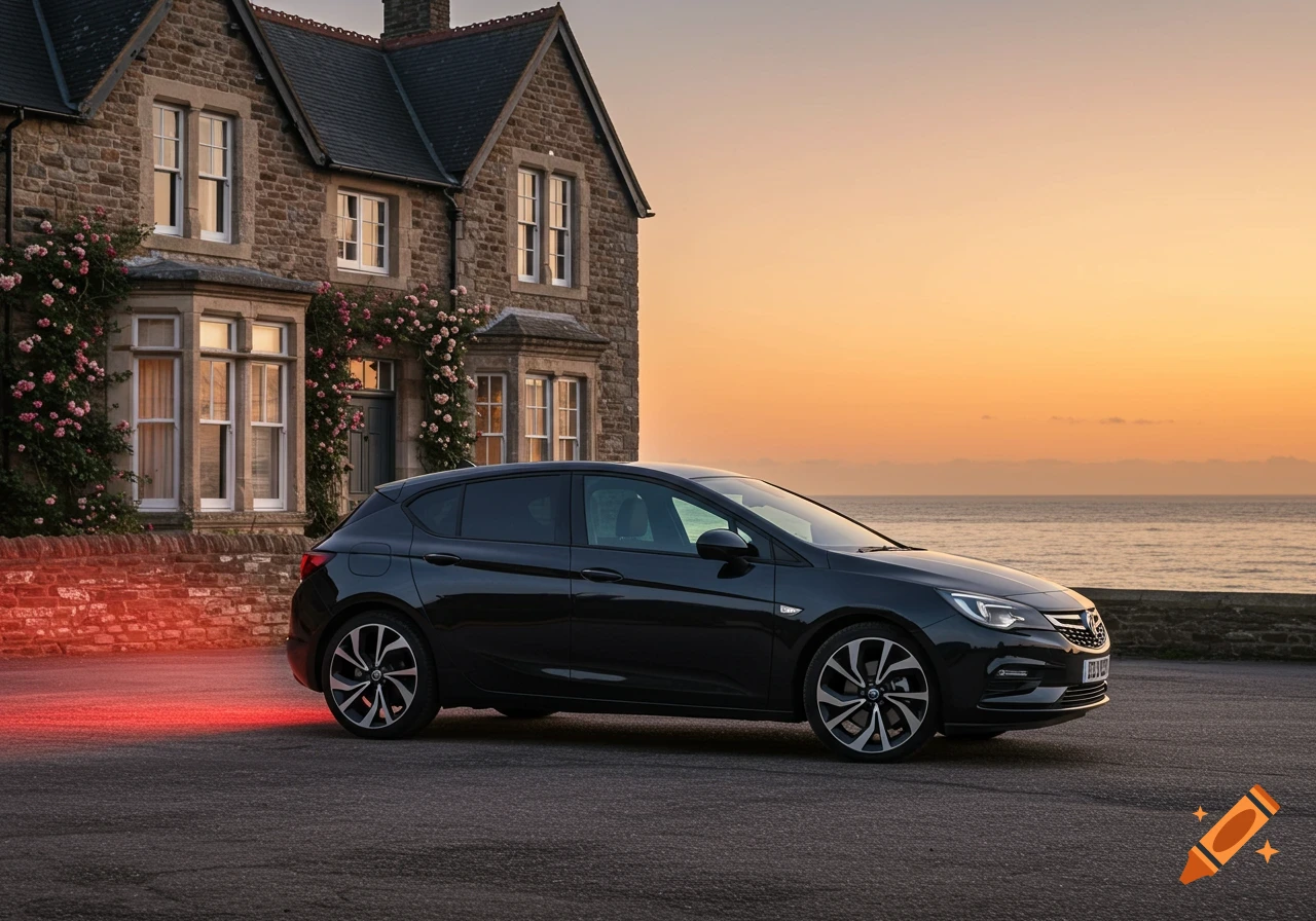 A black Vauxhall Astra parked in front of a stone Victorian house with a sunset over the sea in the background.