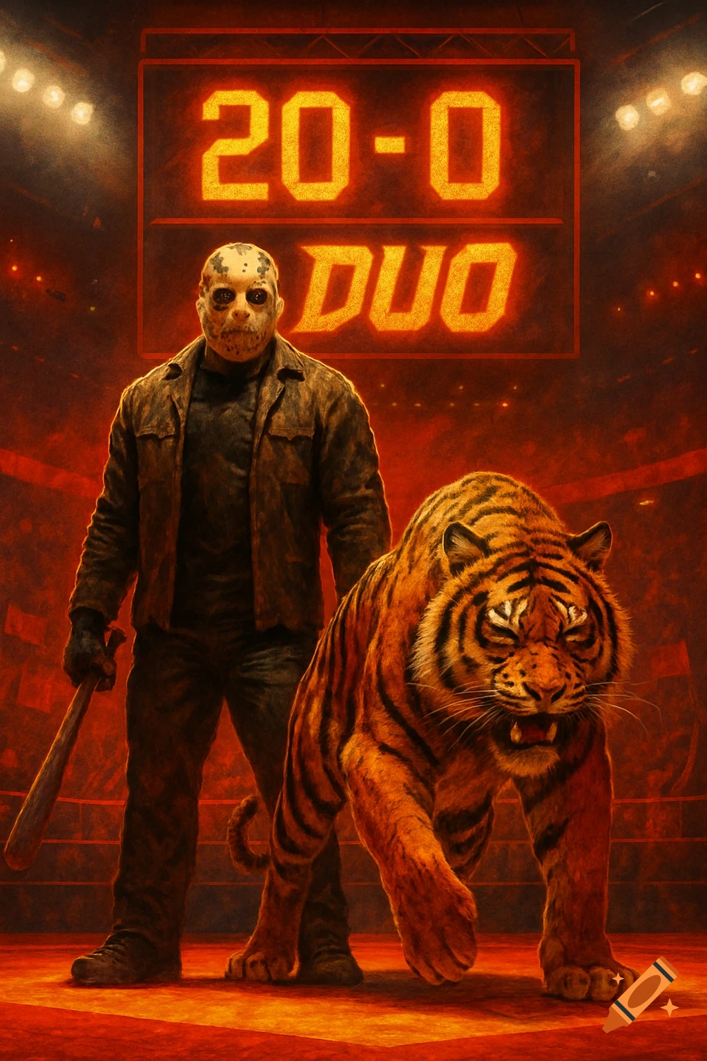 Jason Voorhees and a tiger stand in a fiery fighting arena with a scoreboard displaying '20-0 DUO'.