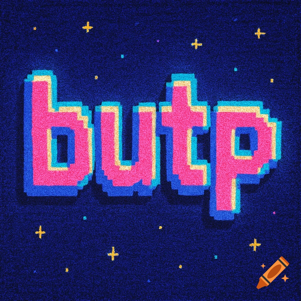 The word "butp" rendered in bright pink, yellow, and blue 8-bit pixel art style on a grainy dark blue background with small yellow crosses and dots.