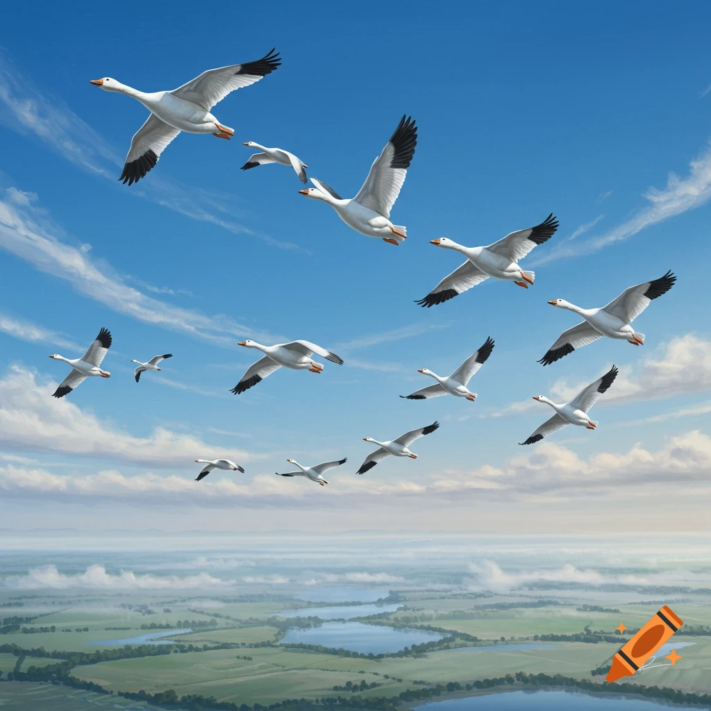 A flock of white geese with black wingtips flies in formation against a bright blue sky over a green and blue landscape.