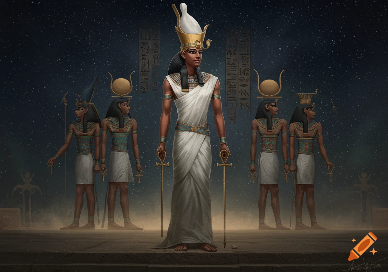 Dignified ancient Egyptian male deity in white kilt, crown, holding scepter and ankh, flanked by four smaller figures against a starry sky.