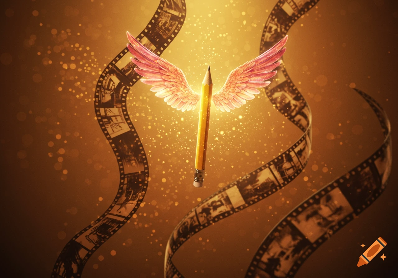 A glowing yellow pencil with large feathered wings floats amidst swirling film strips on a sparkling golden background.