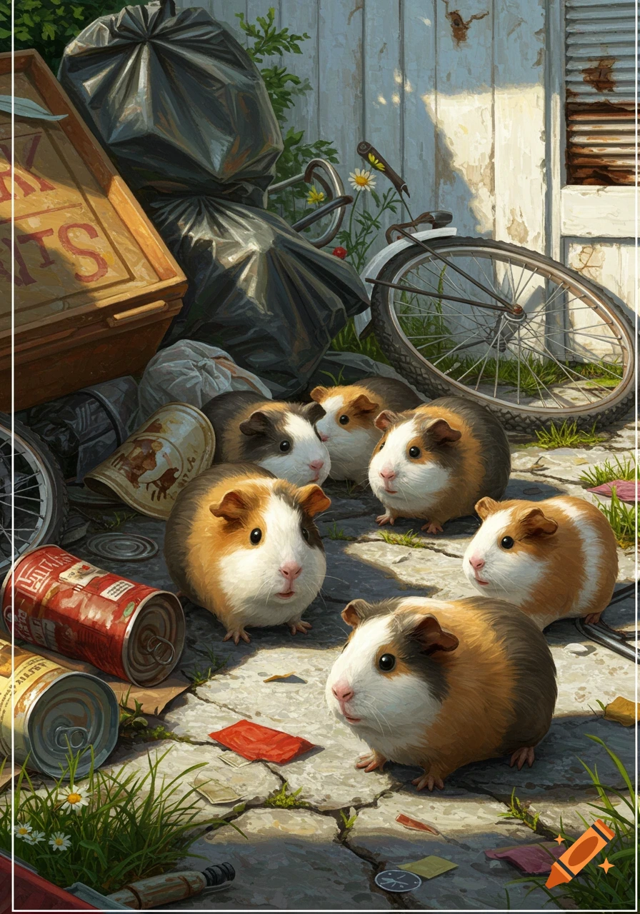 Six guinea pigs stand on a paved surface surrounded by black trash bags, cans, and discarded items in a realistic painting style.